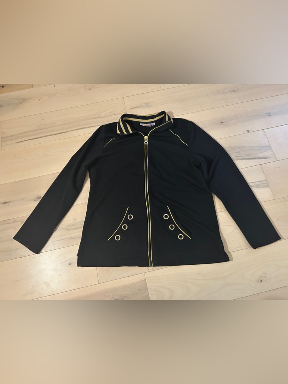 Quaker Factory Rhinestone-Embellished Grommets Zip Up Jacket Gold Trim Large